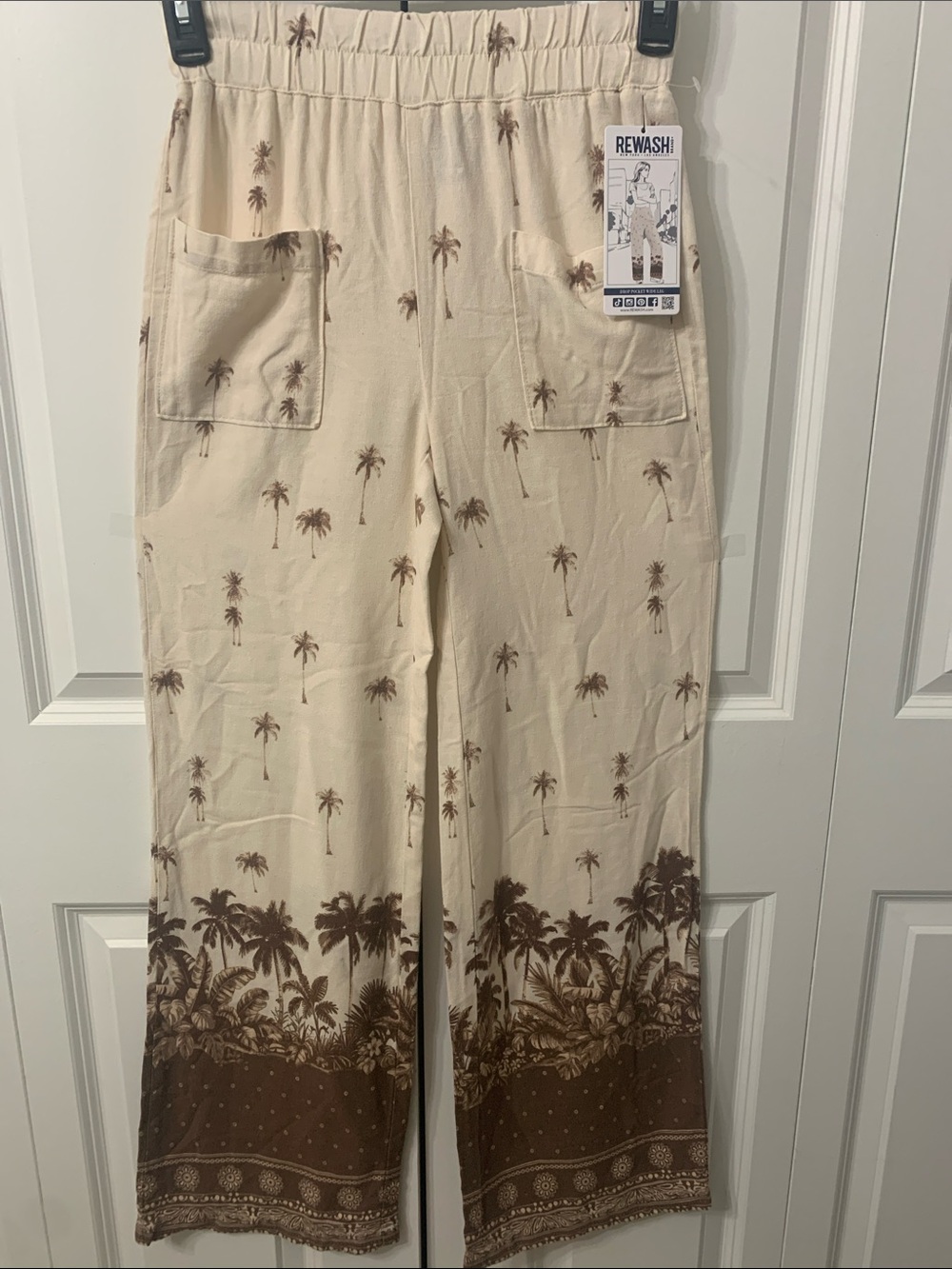 Rewash Cream Wide-Leg Pants with Brown Palm Border